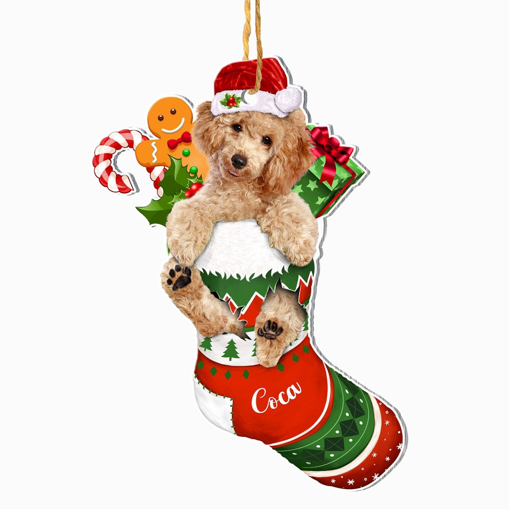 Christmas Dog Ornament, Personalized Brown Poodle In Christmas Stocking Ornament, New Dog Christmas Ornament