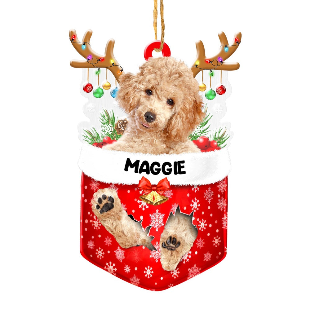 Christmas Dog Ornament, Personalized Brown Poodle In Snow Pocket Christmas Acrylic Ornament, New Dog Christmas Ornament