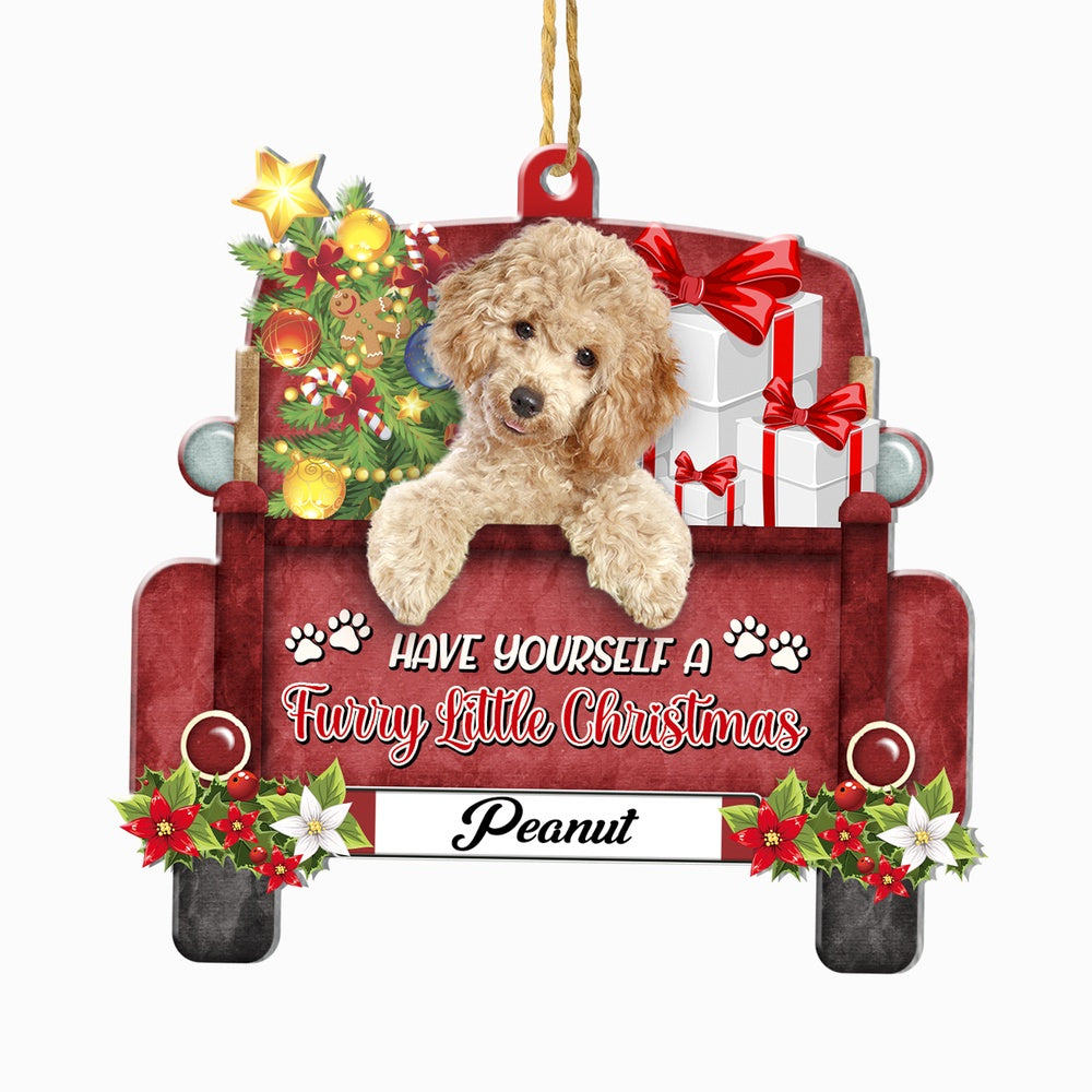 Christmas Dog Ornament, Personalized Brown Poodle Red Truck Christmas Ornament, New Dog Christmas Ornament