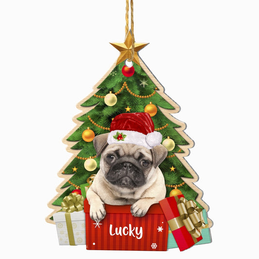 Christmas Dog Ornament, Personalized Brown Pug Christmas Tree Ornament, New Dog Christmas Ornament