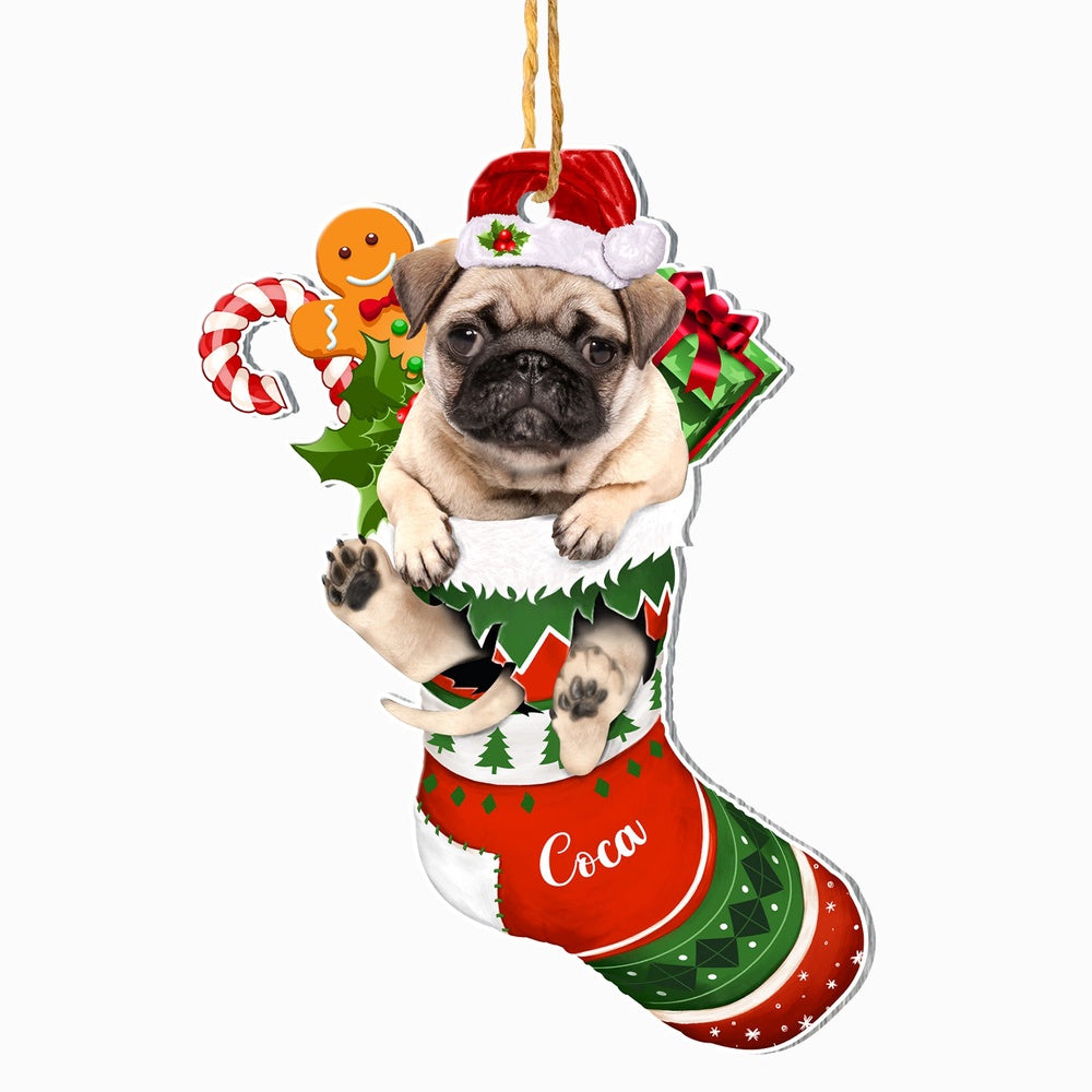 Christmas Dog Ornament, Personalized Brown Pug In Christmas Stocking Ornament, New Dog Christmas Ornament