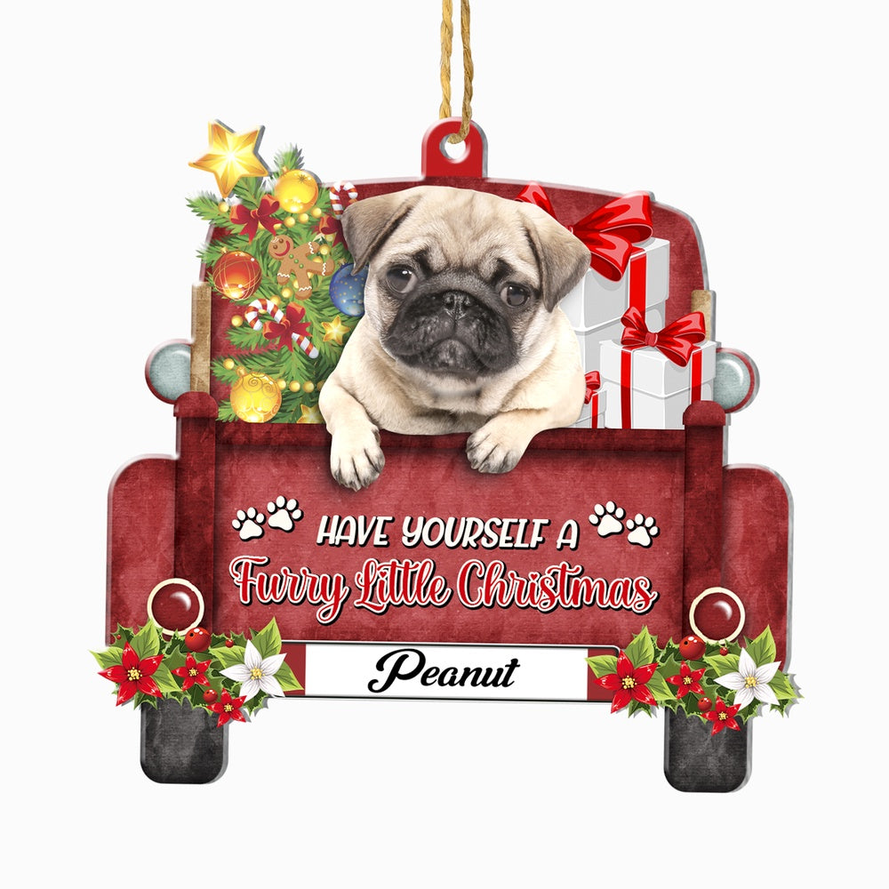 Christmas Dog Ornament, Personalized Brown Pug Red Truck Christmas Ornament, New Dog Christmas Ornament