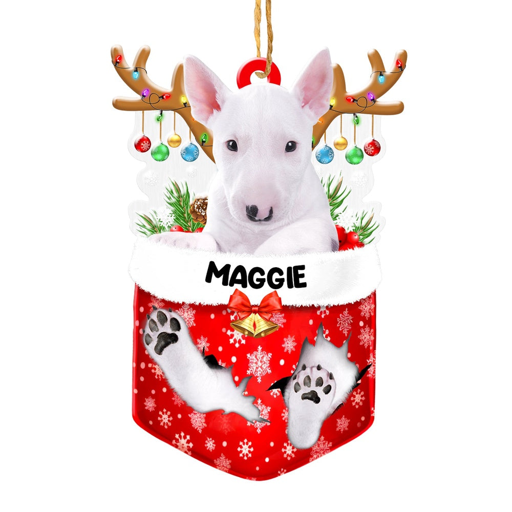 Christmas Dog Ornament, Personalized Bull Terrier In Snow Pocket Christmas Acrylic Ornament, New Dog Christmas Ornament