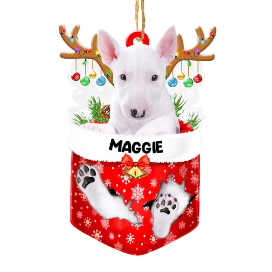 Christmas Dog Ornament, Personalized Bull Terrier In Snow Pocket Christmas Acrylic Ornament, New Dog Christmas Ornament