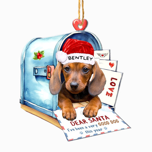 Christmas Dog Ornament, Personalized Chocolate Dachshund In Mailbox Christmas Ornament, New Dog Christmas Ornament