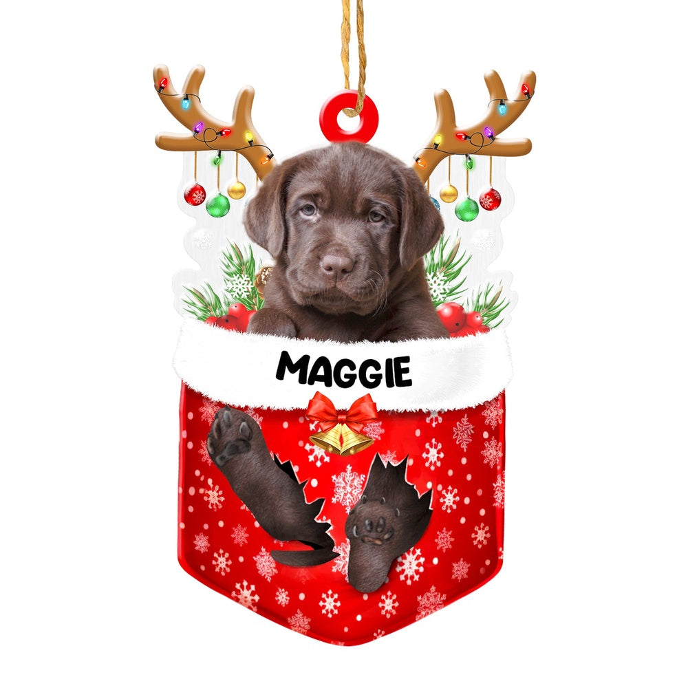 Christmas Dog Ornament, Personalized Chocolate Labrador Retriever In Snow Pocket Christmas Acrylic Ornament, New Dog Christmas Ornament