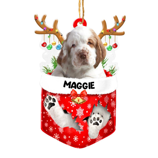 Christmas Dog Ornament, Personalized Clumber Spaniel In Snow Pocket Christmas Acrylic Ornament, New Dog Christmas Ornament