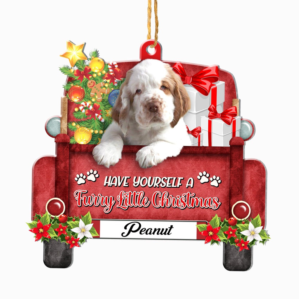 Christmas Dog Ornament, Personalized Clumber Spaniel Red Truck Christmas Ornament, New Dog Christmas Ornament