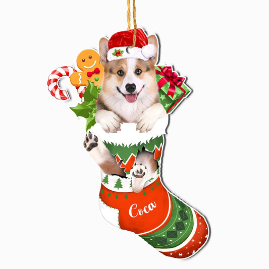 Christmas Dog Ornament, Personalized Corgi In Christmas Stocking Ornament, New Dog Christmas Ornament