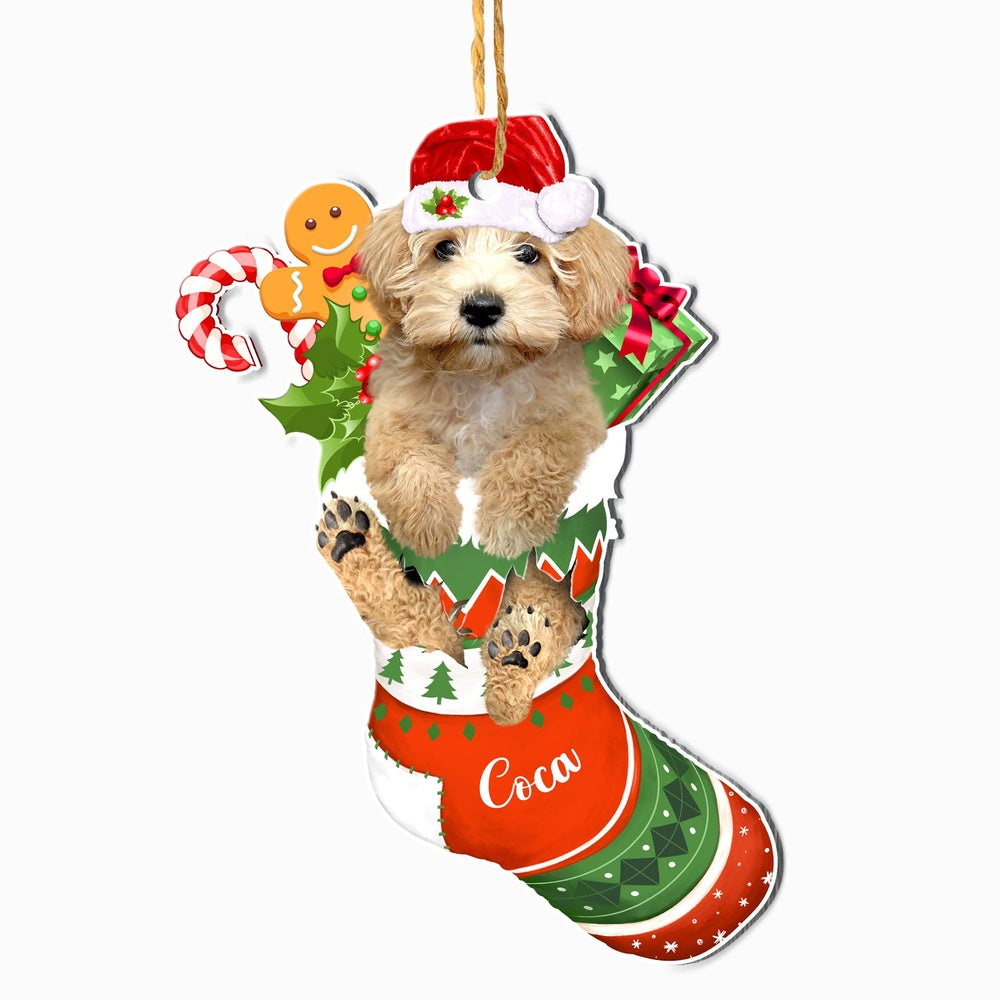 Christmas Dog Ornament, Personalized Cream Schnoodle In Christmas Stocking Ornament, New Dog Christmas Ornament