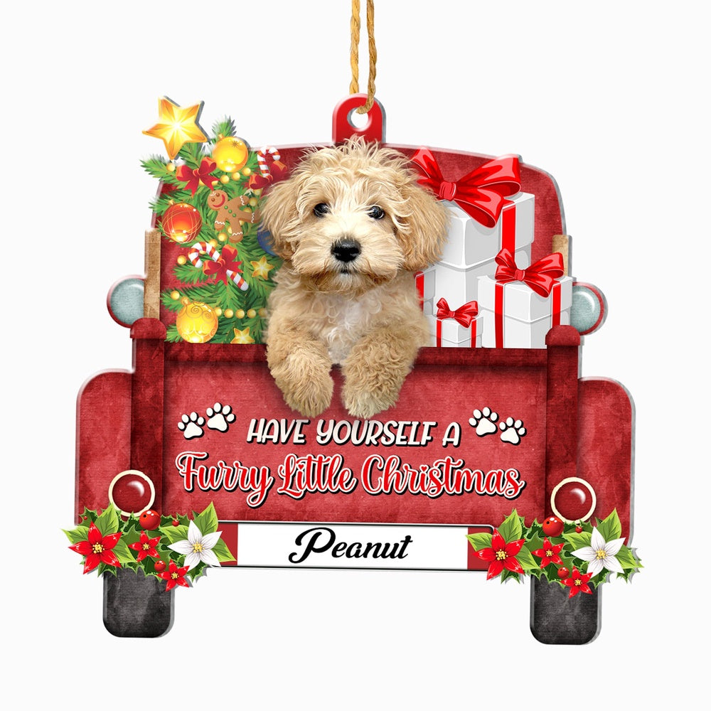 Christmas Dog Ornament, Personalized Cream Schnoodle Red Truck Christmas Ornament, New Dog Christmas Ornament