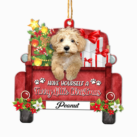 Christmas Dog Ornament, Personalized Cream Schnoodle Red Truck Christmas Ornament, New Dog Christmas Ornament