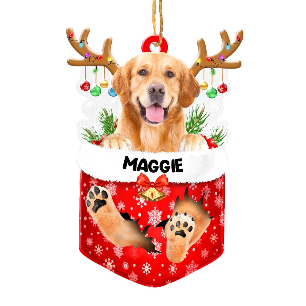 Christmas Dog Ornament, Personalized Cute Golden Retriever In Snow Pocket Christmas Acrylic Ornament, New Dog Christmas Ornament
