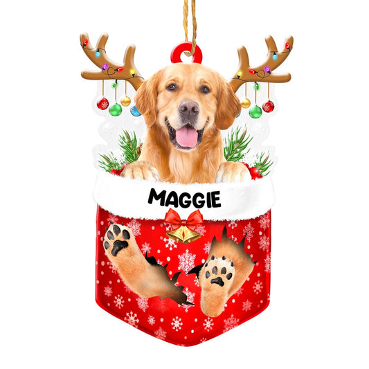 Christmas Dog Ornament, Personalized Cute Golden Retriever In Snow Pocket Christmas Acrylic Ornament, New Dog Christmas Ornament