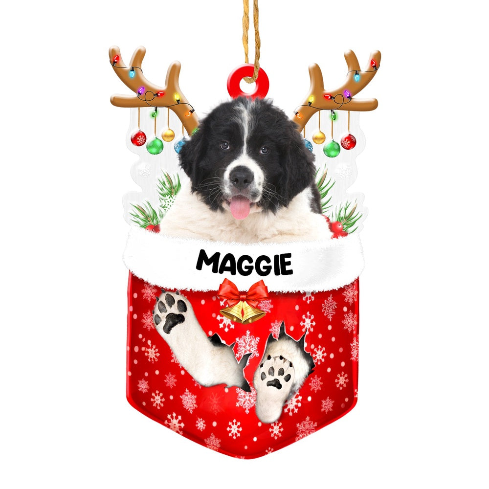 Christmas Dog Ornament, Personalized Cute Newfoundland Dog In Snow Pocket Christmas Acrylic Ornament, New Dog Christmas Ornament