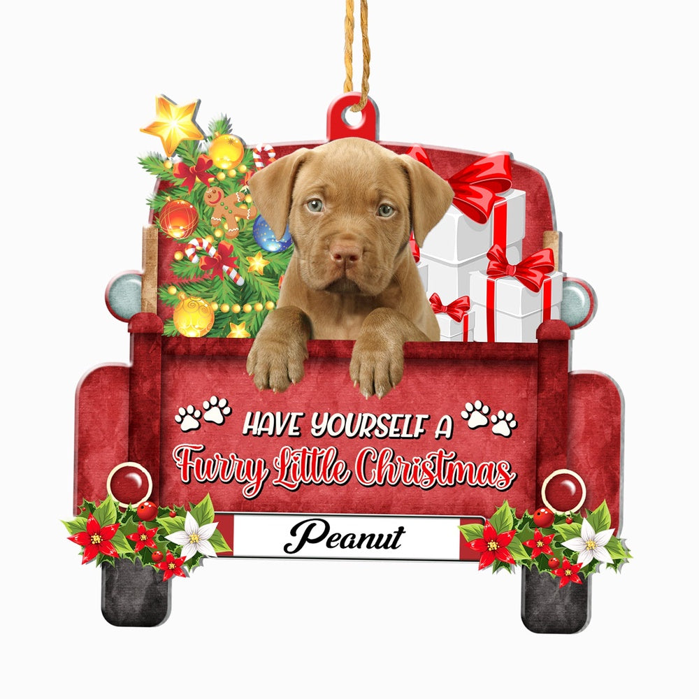 Christmas Dog Ornament, Personalized Cute Pitbull Red Truck Christmas Ornament, New Dog Christmas Ornament