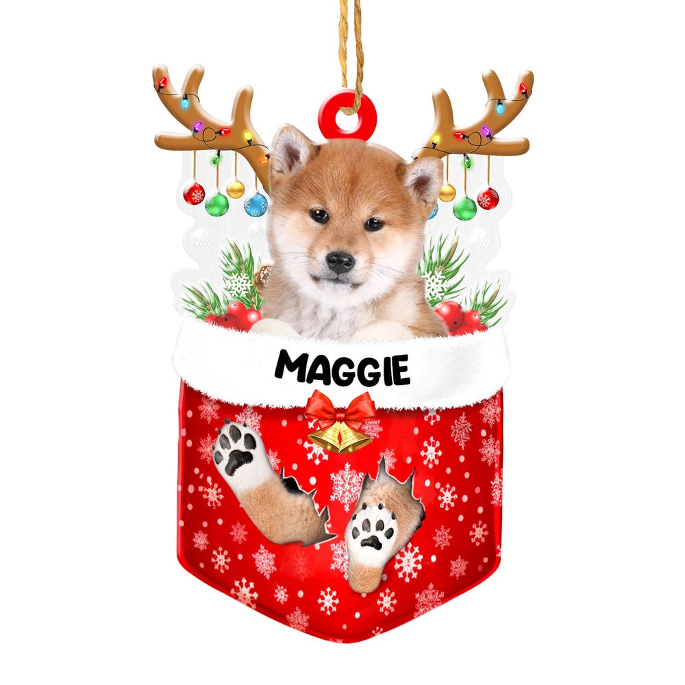 Christmas Dog Ornament, Personalized Cute Shiba Inu In Snow Pocket Christmas Acrylic Ornament, New Dog Christmas Ornament