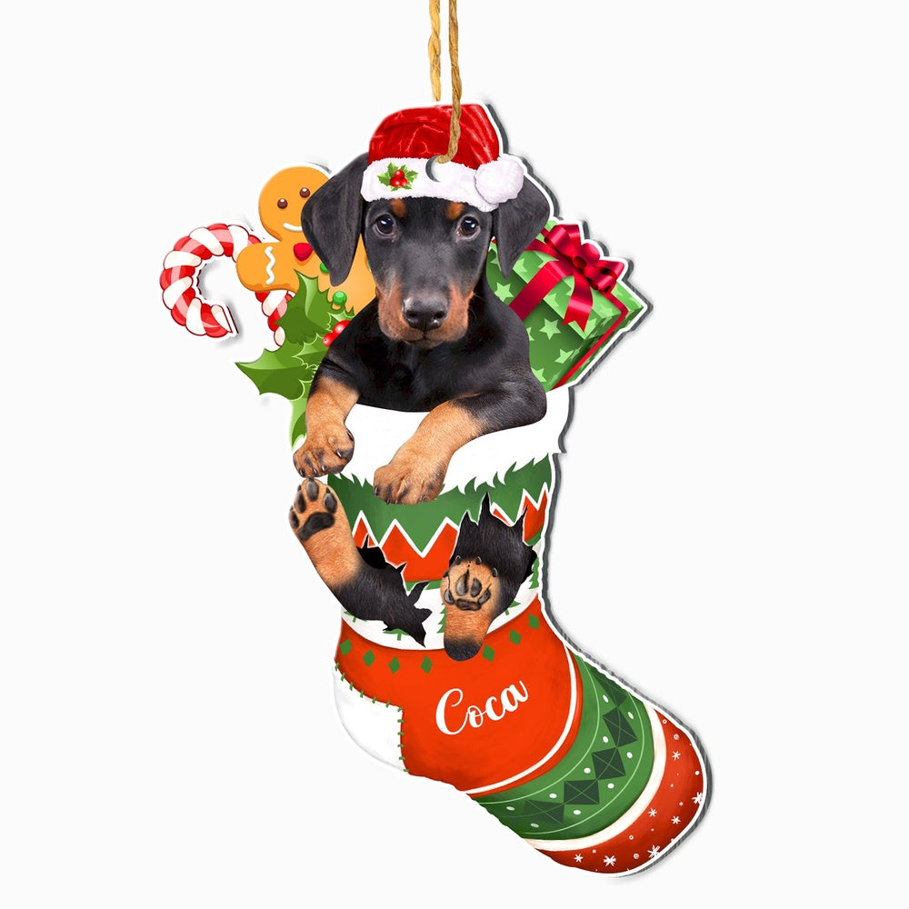 Christmas Dog Ornament, Personalized Doberman Pinscher In Christmas Stocking Ornament, New Dog Christmas Ornament