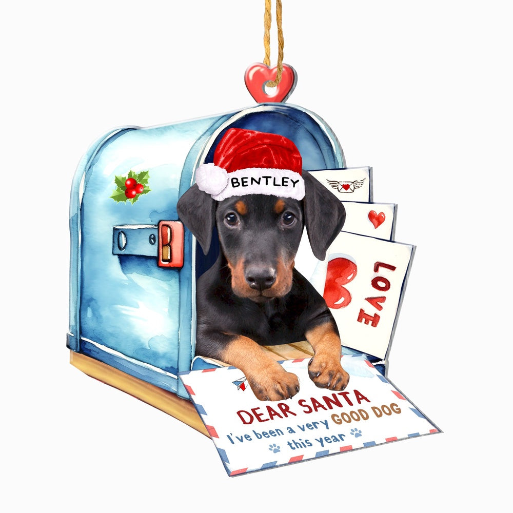 Christmas Dog Ornament, Personalized Doberman Pinscher In Mailbox Christmas Ornament, New Dog Christmas Ornament