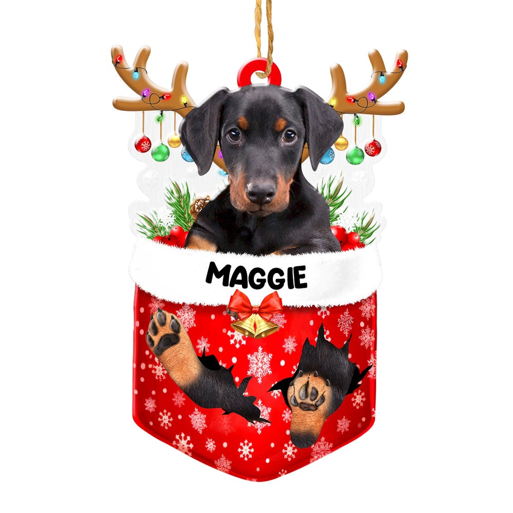 Christmas Dog Ornament, Personalized Doberman Pinscher In Snow Pocket Christmas Acrylic Ornament, New Dog Christmas Ornament