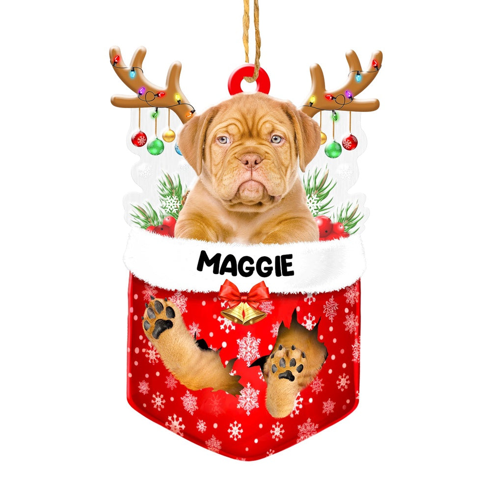 Christmas Dog Ornament, Personalized Dogue De Bordeaux In Snow Pocket Christmas Acrylic Ornament, New Dog Christmas Ornament