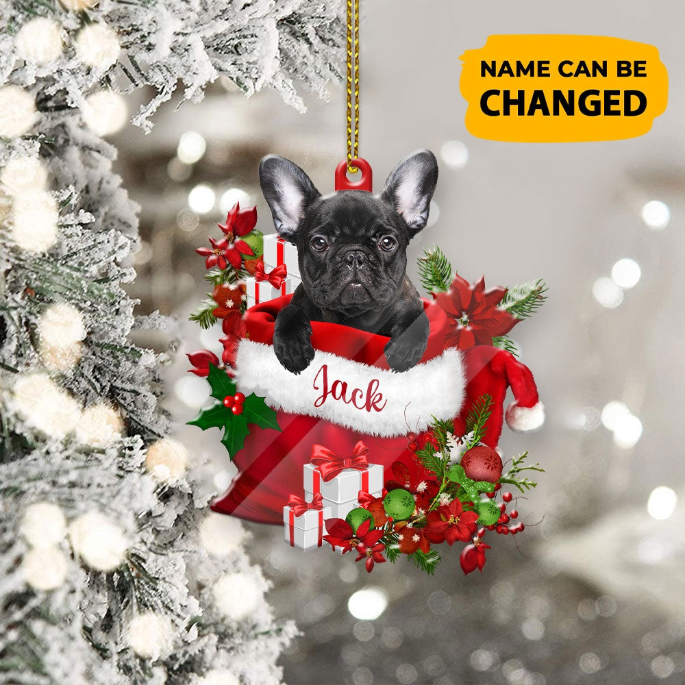 Christmas Dog Ornament, Personalized French Bulldog In Santa's Bag Christmas Acrylic Ornament, New Dog Christmas Ornament