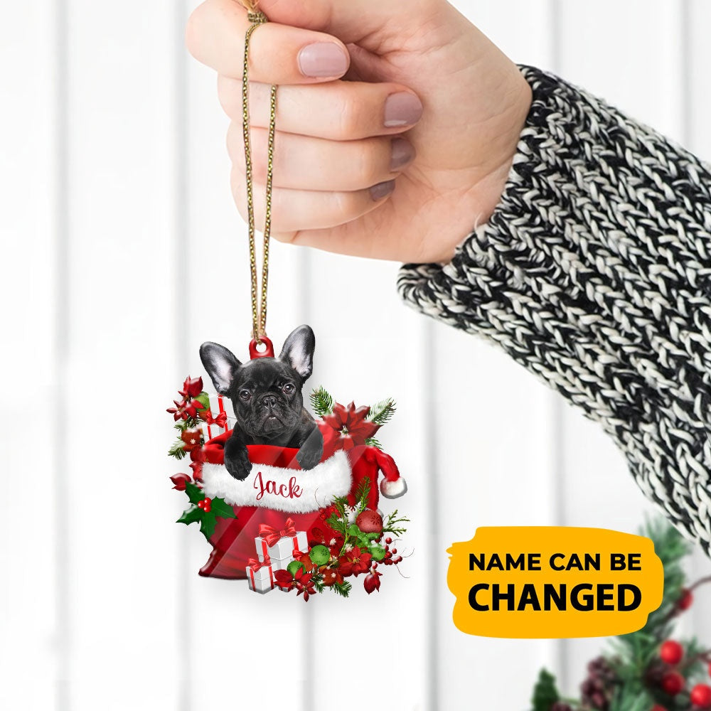 Christmas Dog Ornament, Personalized French Bulldog In Santa's Bag Christmas Acrylic Ornament, New Dog Christmas Ornament