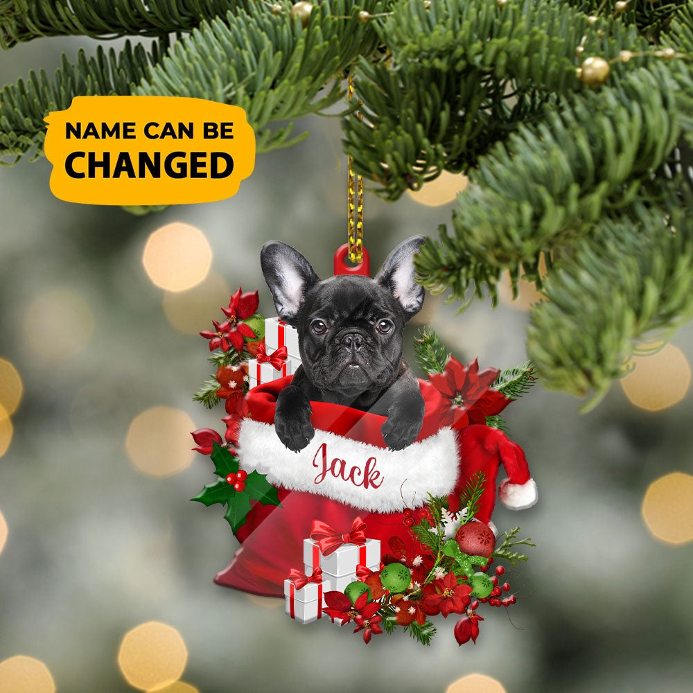 Christmas Dog Ornament, Personalized French Bulldog In Santa's Bag Christmas Acrylic Ornament, New Dog Christmas Ornament