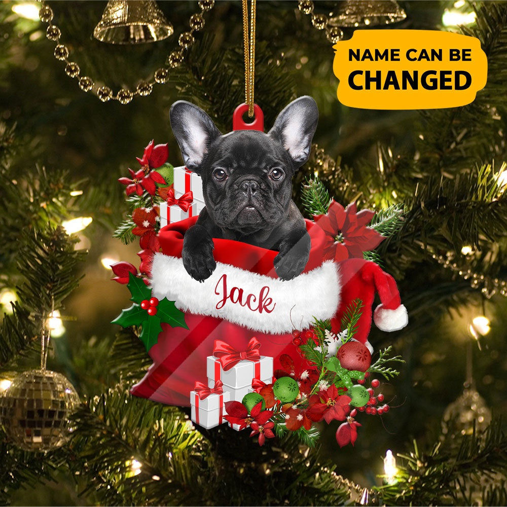 Christmas Dog Ornament, Personalized French Bulldog In Santa's Bag Christmas Acrylic Ornament, New Dog Christmas Ornament