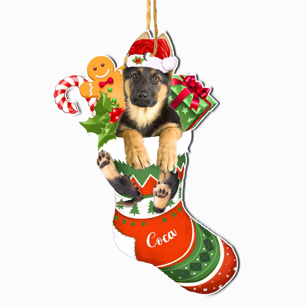 Christmas Dog Ornament, Personalized German Shepherd In Christmas Stocking Ornament, New Dog Christmas Ornament