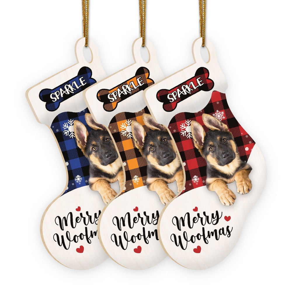 Christmas Dog Ornament, Personalized German Shepherd Stocking Christmas Wood Ornament, New Dog Christmas Ornament