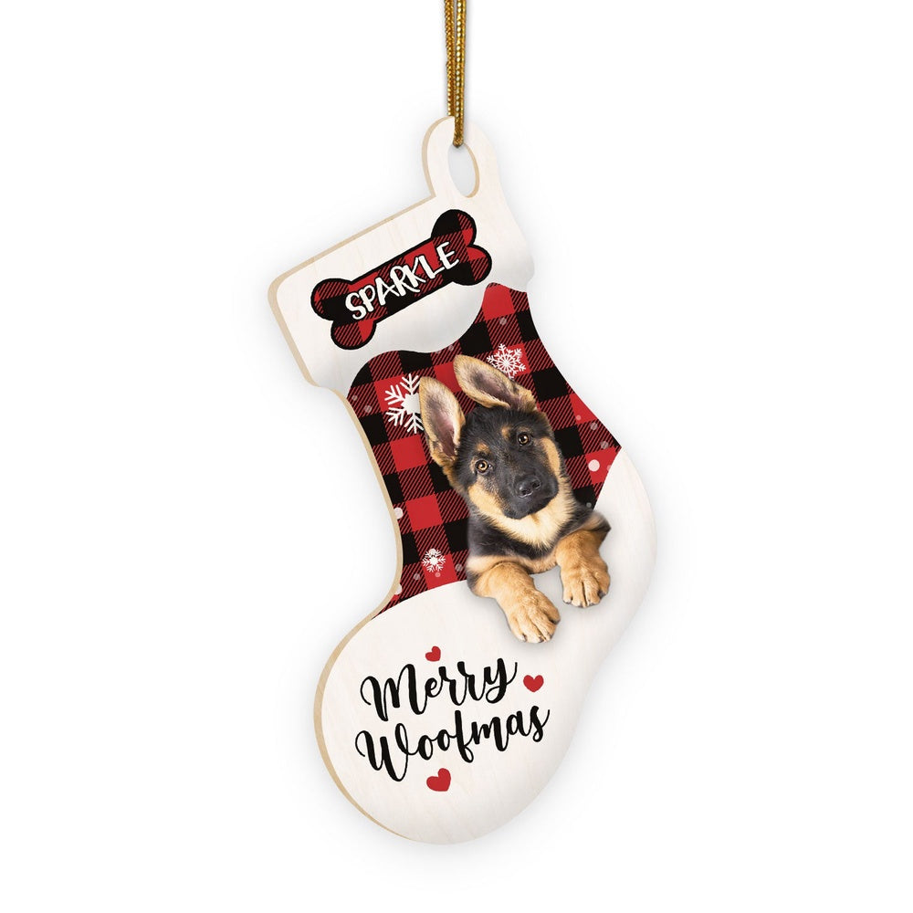 Christmas Dog Ornament, Personalized German Shepherd Stocking Christmas Wood Ornament, New Dog Christmas Ornament