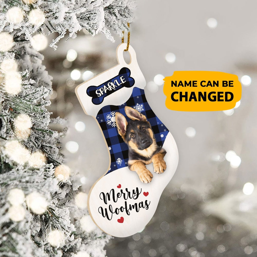 Christmas Dog Ornament, Personalized German Shepherd Stocking Christmas Wood Ornament, New Dog Christmas Ornament