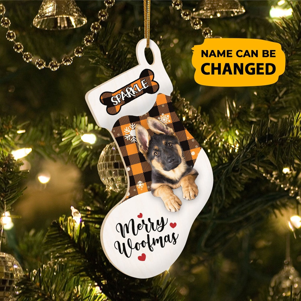 Christmas Dog Ornament, Personalized German Shepherd Stocking Christmas Wood Ornament, New Dog Christmas Ornament