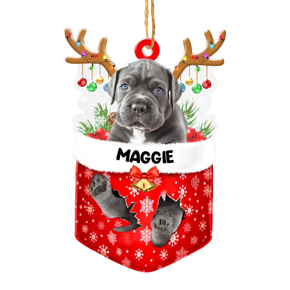 Christmas Dog Ornament, Personalized Grey Cane Corso In Snow Pocket Christmas Acrylic Ornament, New Dog Christmas Ornament