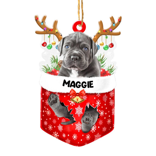 Christmas Dog Ornament, Personalized Grey Cane Corso In Snow Pocket Christmas Acrylic Ornament, New Dog Christmas Ornament