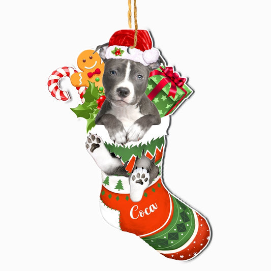 Christmas Dog Ornament, Personalized Grey Pitbull In Christmas Stocking Ornament, New Dog Christmas Ornament