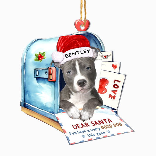 Christmas Dog Ornament, Personalized Grey Pitbull In Mailbox Christmas Ornament, New Dog Christmas Ornament