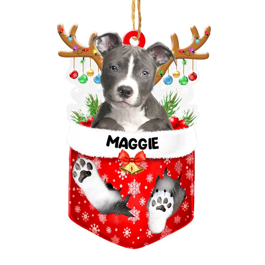 Christmas Dog Ornament, Personalized Grey Pitbull In Snow Pocket Christmas Acrylic Ornament, New Dog Christmas Ornament