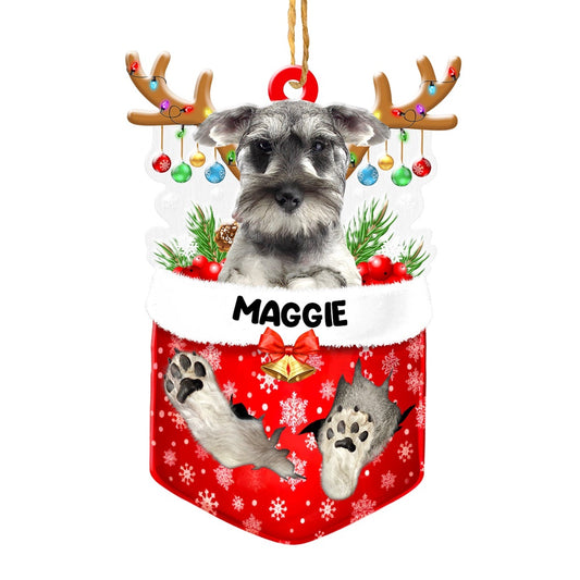 Christmas Dog Ornament, Personalized Grey Schnauzer In Snow Pocket Christmas Acrylic Ornament, New Dog Christmas Ornament