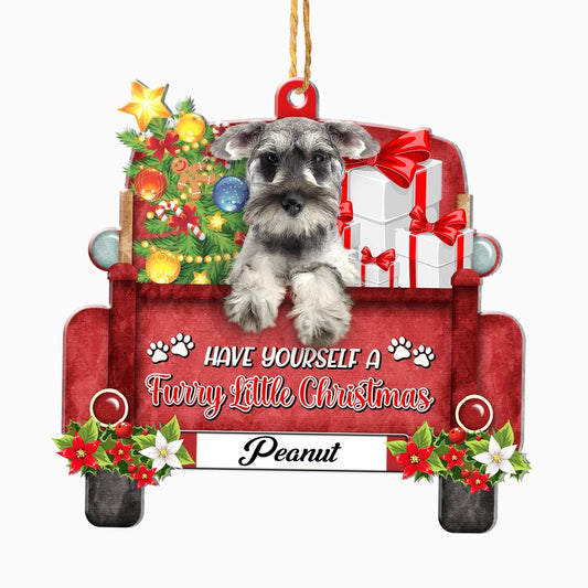 Christmas Dog Ornament, Personalized Grey Schnauzer Red Truck Christmas Ornament, New Dog Christmas Ornament
