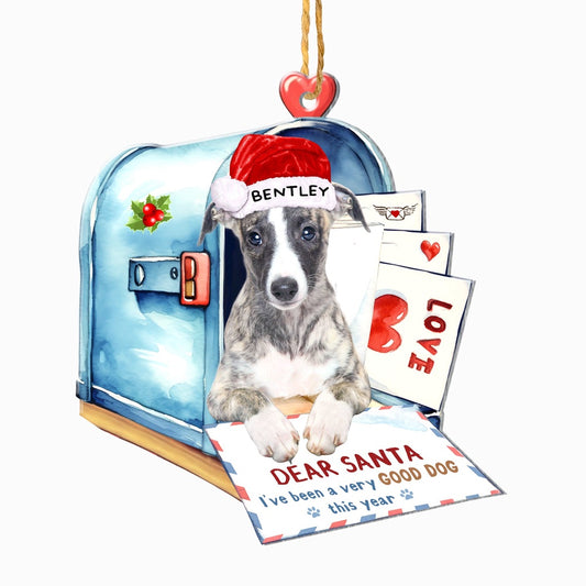 Christmas Dog Ornament, Personalized Greyhound In Mailbox Christmas Ornament, New Dog Christmas Ornament