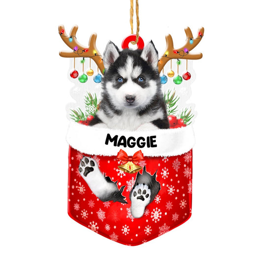 Christmas Dog Ornament, Personalized Husky In Snow Pocket Christmas Acrylic Ornament, New Dog Christmas Ornament