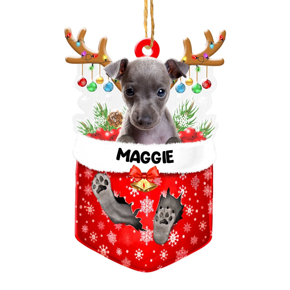 Christmas Dog Ornament, Personalized Italian Greyhound In Snow Pocket Christmas Acrylic Ornament, New Dog Christmas Ornament