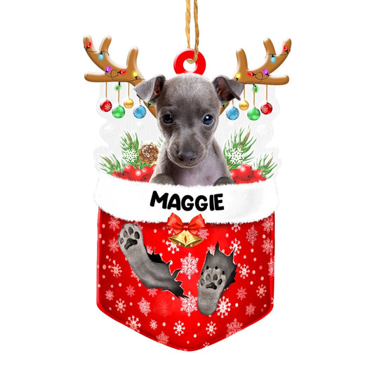 Christmas Dog Ornament, Personalized Italian Greyhound In Snow Pocket Christmas Acrylic Ornament, New Dog Christmas Ornament
