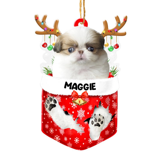 Christmas Dog Ornament, Personalized Japanese Chin In Snow Pocket Christmas Acrylic Ornament, New Dog Christmas Ornament