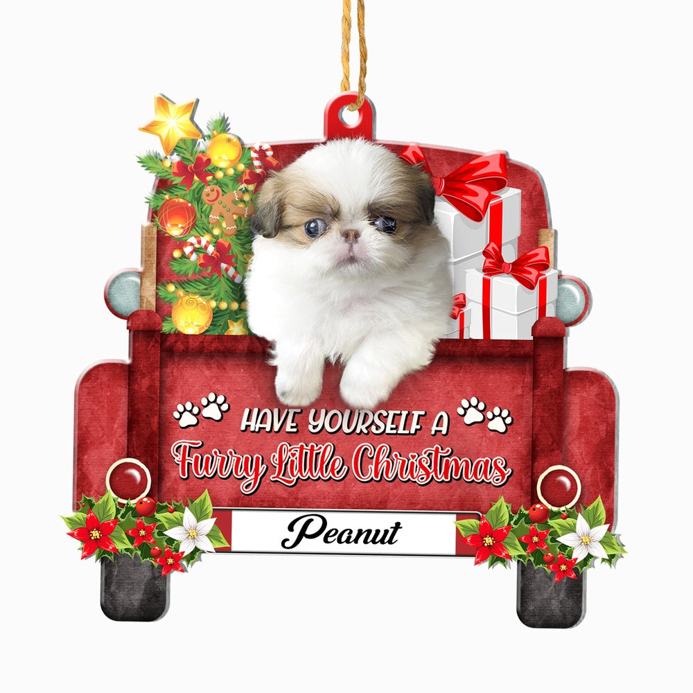 Christmas Dog Ornament, Personalized Japanese Chin Red Truck Christmas Ornament, New Dog Christmas Ornament