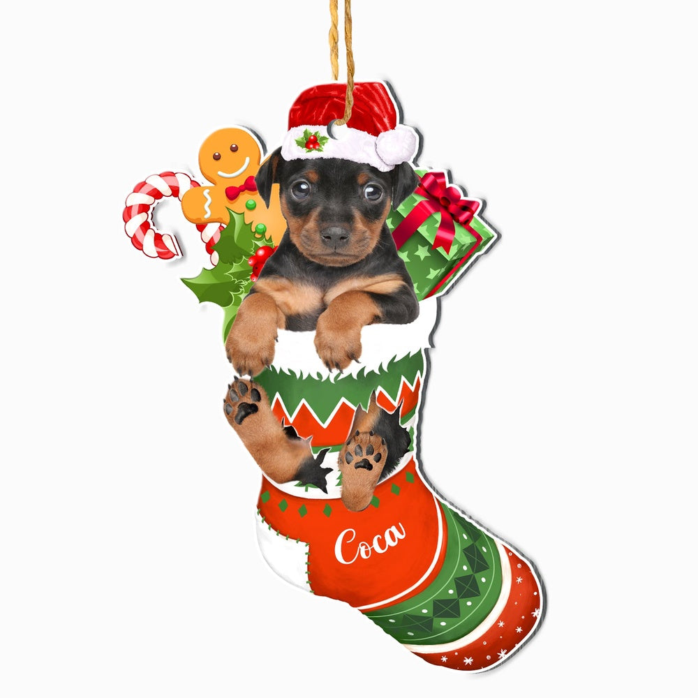 Christmas Dog Ornament, Personalized Miniature Pinscher In Christmas Stocking Ornament, New Dog Christmas Ornament