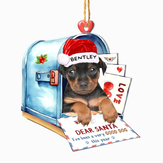 Christmas Dog Ornament, Personalized Miniature Pinscher In Mailbox Christmas Ornament, New Dog Christmas Ornament