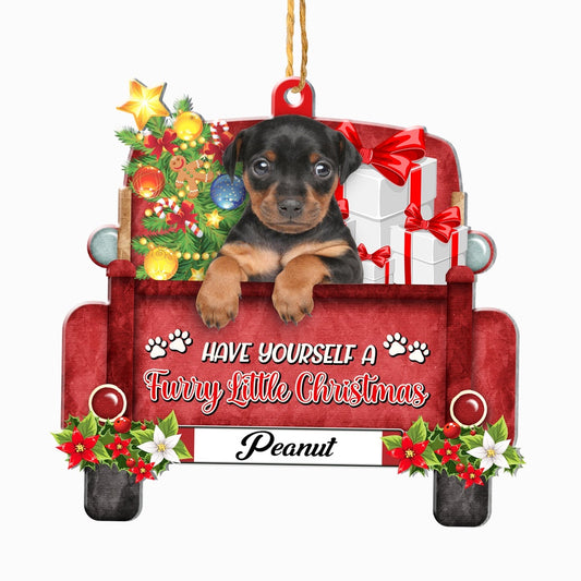Christmas Dog Ornament, Personalized Miniature Pinscher Red Truck Christmas Ornament, New Dog Christmas Ornament